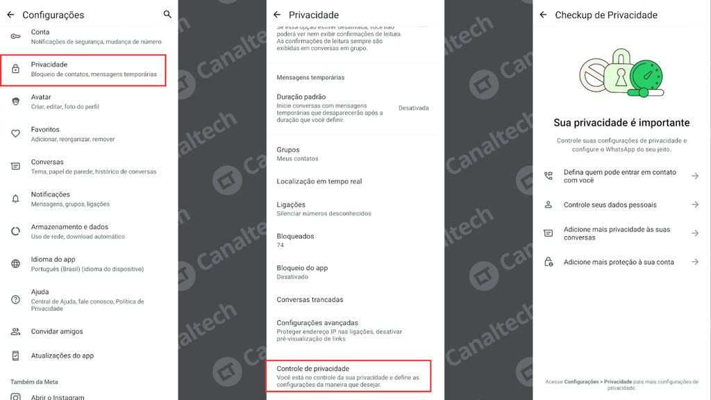 Como acessar o controle de privacidade do WhatsApp (Imagem: Captura de tela/Bruno De Blasi/Canaltech)