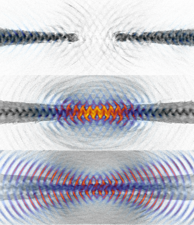 Ilustração que mostra como a densidade do plasma (em preto e branco) evolui ao longo do tempo durante a irradiação com os dois pulsos de laser de alta intensidade. Os fótons gama são destacadas em cores e estão tão próximos o suficiente para colidir entre si e criar pares de matéria-antimatéria (Imagem: Reprodução/Toma Toncian)