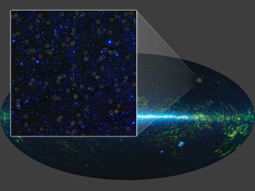 O agrupamento de quasares em destaque mostra um sinal maior que o previsto em uma direção, com contagens de quasar mais altas. O oposto, com contagens mais baixas, acontece no lado inferior (Imagem: Reprodução/NASA/JPL-Caltech/UCLA)