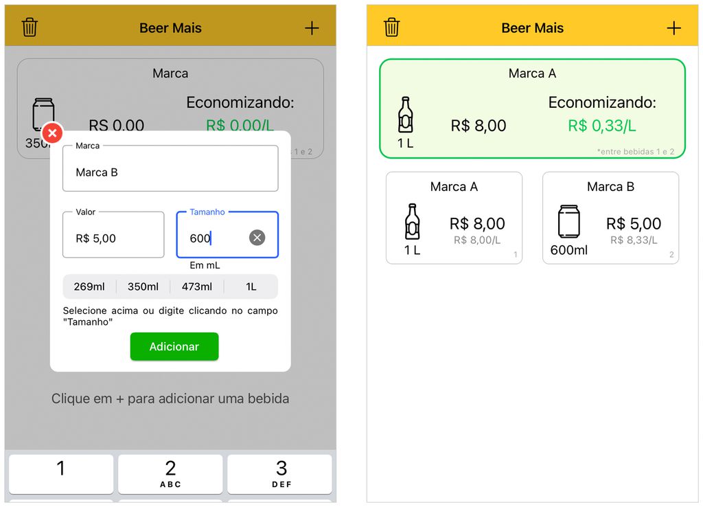 App é usado para comparar preços de bebidas e calcular a opção mais barata (Captura de tela: André Magalhães)