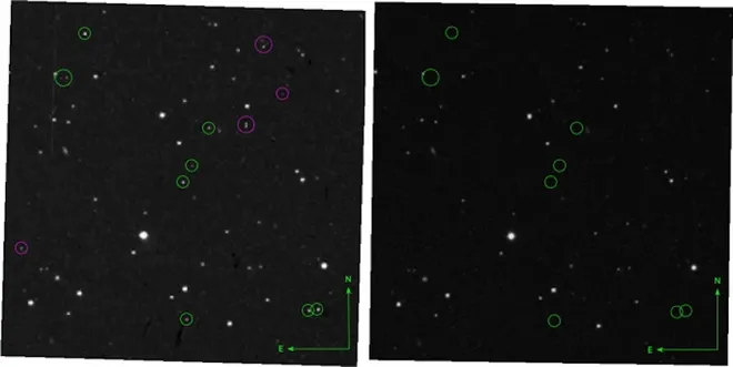 À esquerda, uma foto do levantamento em 1950 com as luzes circuladas ; à direita, uma imagem da mesma área do céu, feita em 1996 (Imagem: Reprodução/Villarroel et al/ Nature)