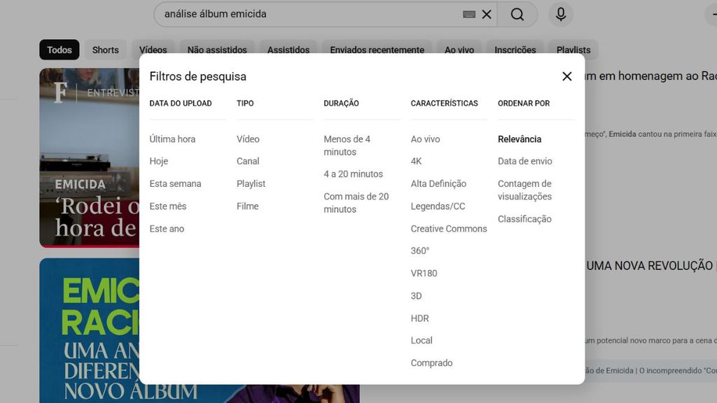 Filtro de busca do YouTube