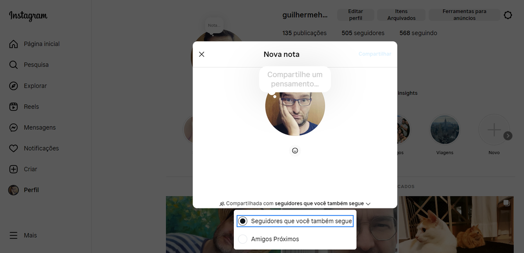 É possível adicionar uma Nota no Instagram pelo PC (Imagem: Captura de tela/Guilherme Haas/Canaltech)