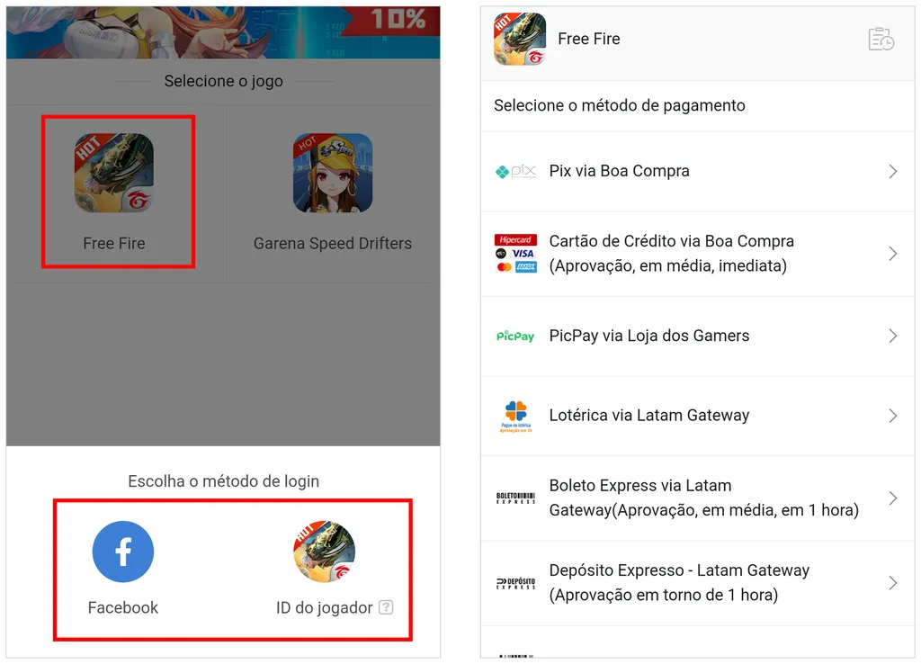 Recarga Jogo é plataforma oficial da Garena e oferece diferentes métodos de pagamento  (Captura de tela: André Magalhães)
