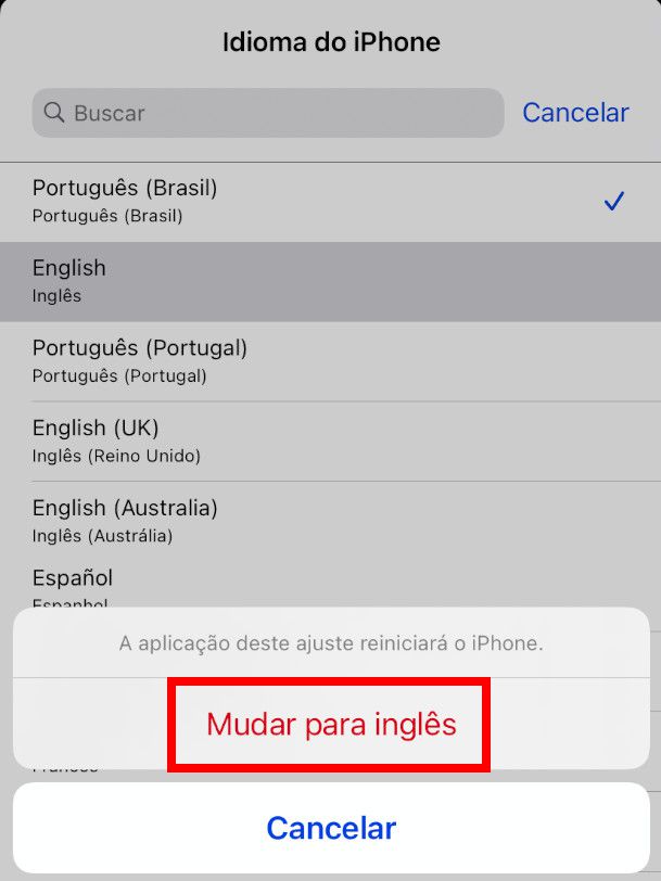 Acesse a aba "Idioma do iPhone", selecione o novo idioma e clique em "Mudar para" (Captura de tela: Lucas Wetten)