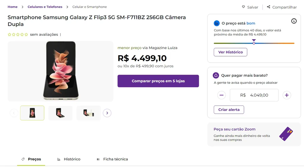 Preço médio do Galaxy Z Flip 3 em varejistas online. (Imagem: Zoom/Reprodução)