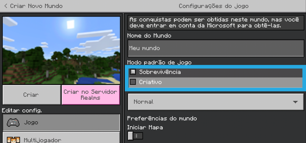 A escolha do modo de jogo pode ser feita antes de criar o mapa e até durante o gameplay (Imagem: Rodrigo Folter/Canaltech)