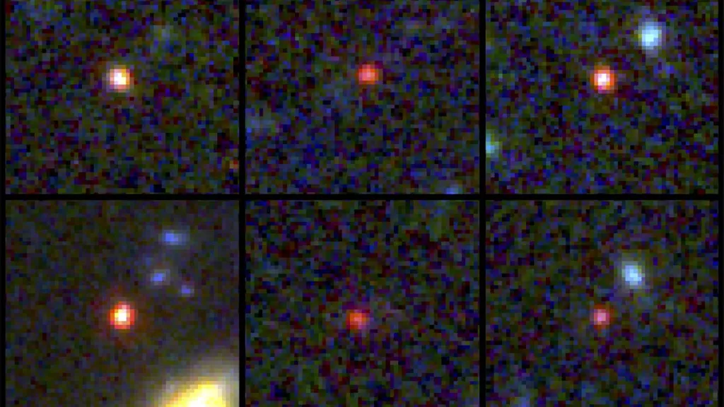 Possíveis galáxias massivas, observadas entre 500 e 700 milhões de anos após o Big Bang (Imagem: Reprodução/NASA, ESA, CSA, I. LABBE)
