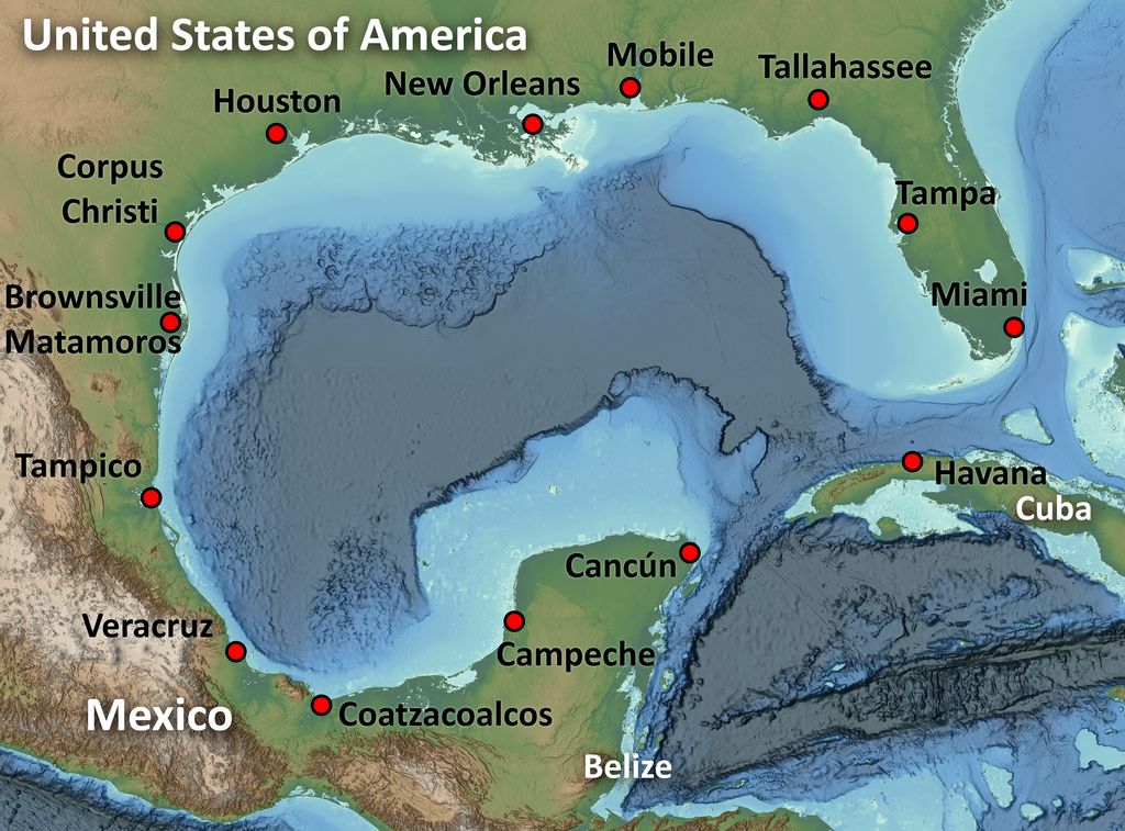 Mapa batimétrico do Golfo do México, considerado o maior do mundo, mostrando como é o seu leito marinho (Imagem: NOAA/Domínio Público)