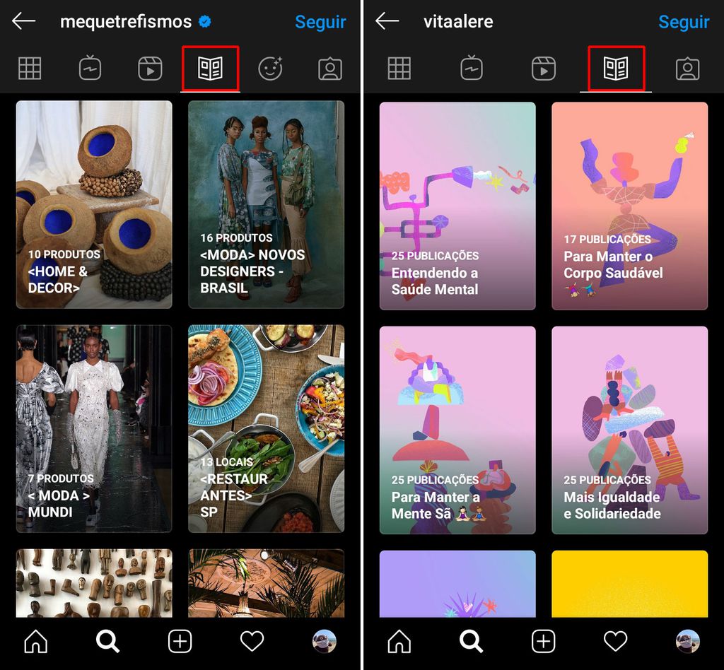 Nova seção usa um ícone de livro ou álbum nos perfis do Instagram (Imagem: reprodução/Instagram)