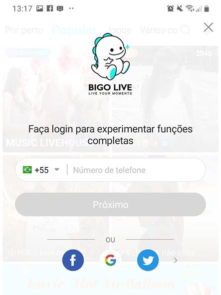 Caso você informe seu número de telefone, o Bigo Live enviará um SMS para confirmação (Captura de tela: Ariane Velasco)