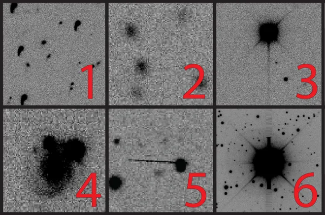 Seis exemplos de falsos positivos que devem ser descartados (Imagem: Reprodução/NASA/Citizen Science Active Asteroids)