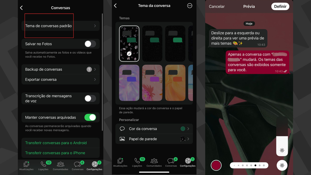 Captura de tela do WhatsApp que mostra o caminho para fazer as mudanças de tema de conversas