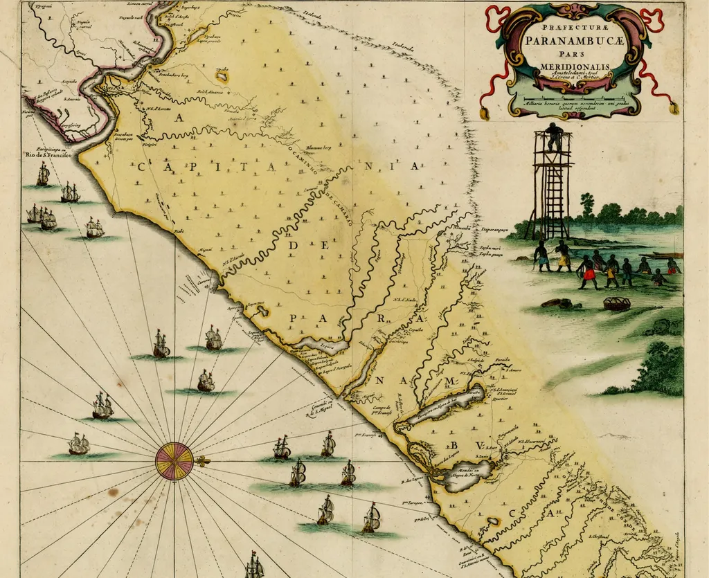 Mapa do sul da Capitania de Pernambuco em 1647, com representação do Quilombo dos Palmares à direita (Imagem: Frans Post/Domínio Público)