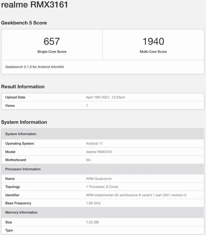 Realme RMX3161 em teste no Geekbench (Imagem: Reprodução/Geekbench)