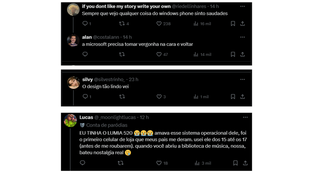 Prints de reações ao post sobre o Windows Phone