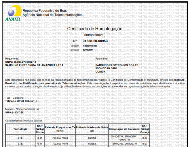 Certificado do Galaxy A31 (Foto: Reprodução/Anatel)
