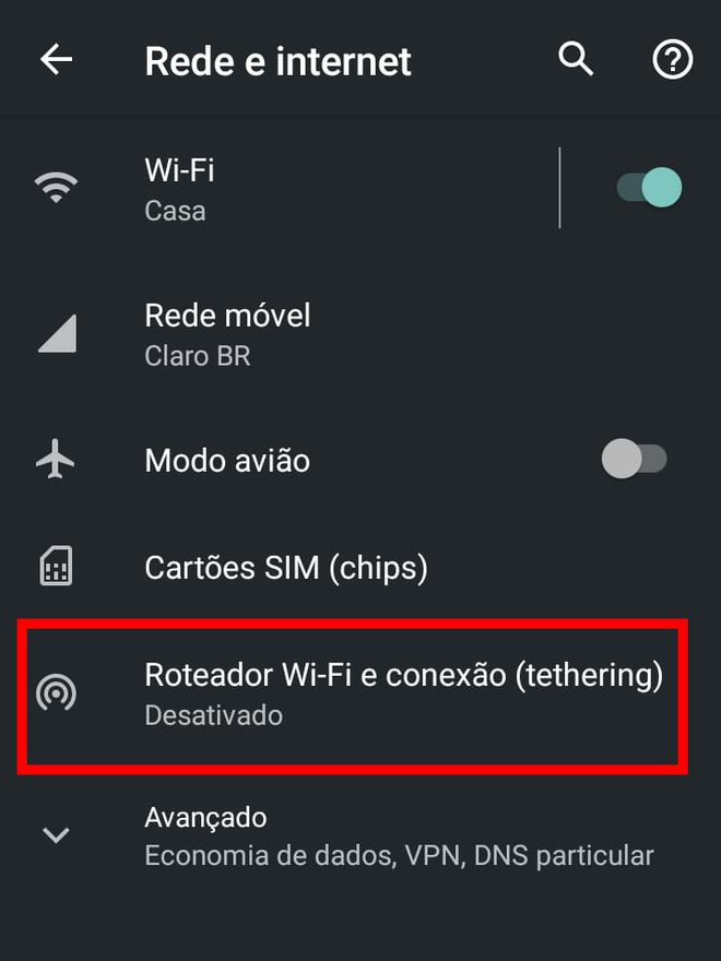 Abra as Configurações do Android e acesse a aba "Roteador Wi-Fi" e conexão (Captura de tela: Matheus Bigogno)