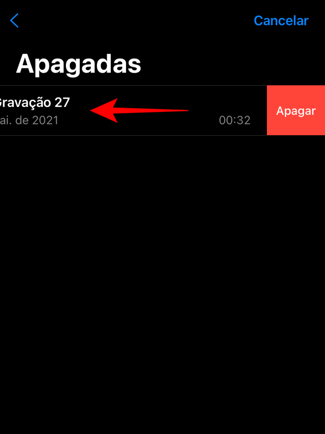 Com o dedo, selecione e arraste o áudio gravado para o lado e toque em "Apagar" - Captura de tela: Thiago Furquim (Canaltech)