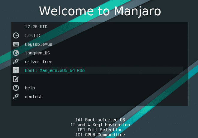 Exemplo de boot de um pendrive com o Manjaro Linux.