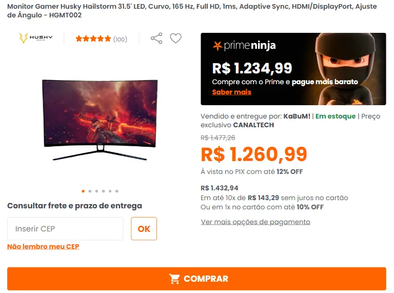 Monitor Gamer Husky Hailstorm 31.5' LED, Curvo, 165 Hz, Full HD, 1ms