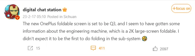 Dobrável da OnePlus deve ser lançado no segundo semestre com tela 2K (Imagem: Captura de tela/Weibo)