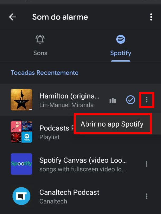 Selecione o ícone de "Três pontos" e, em seguida, clique em "Abrir no app Spotify" (Captura de tela: Matheus Bigogno)