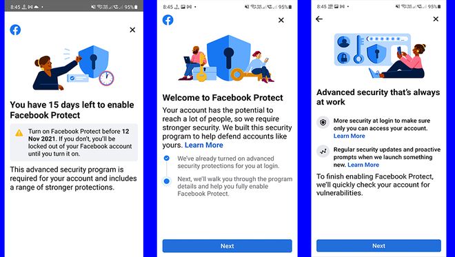 Esse alerta solicita ao usuário que se cadastre no Facebook Protect (Imagem: Reprodução/Facebook)