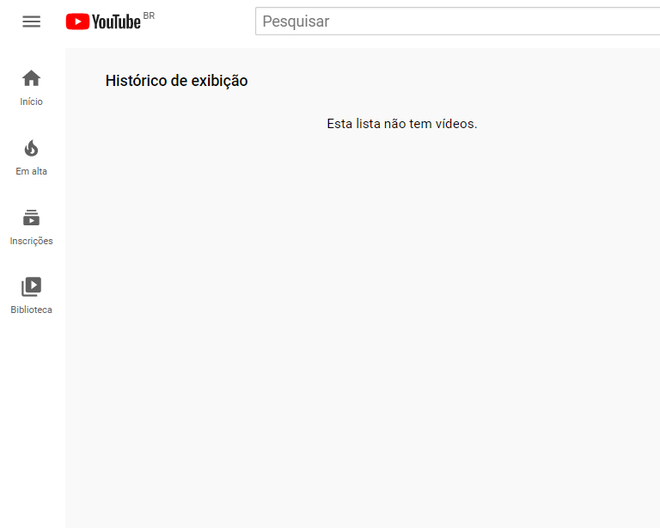 A mensagem "Esta lista não tem vídeos" confirma que o histórico do YouTube foi limpo (Captura de tela: Ariane Velasco)