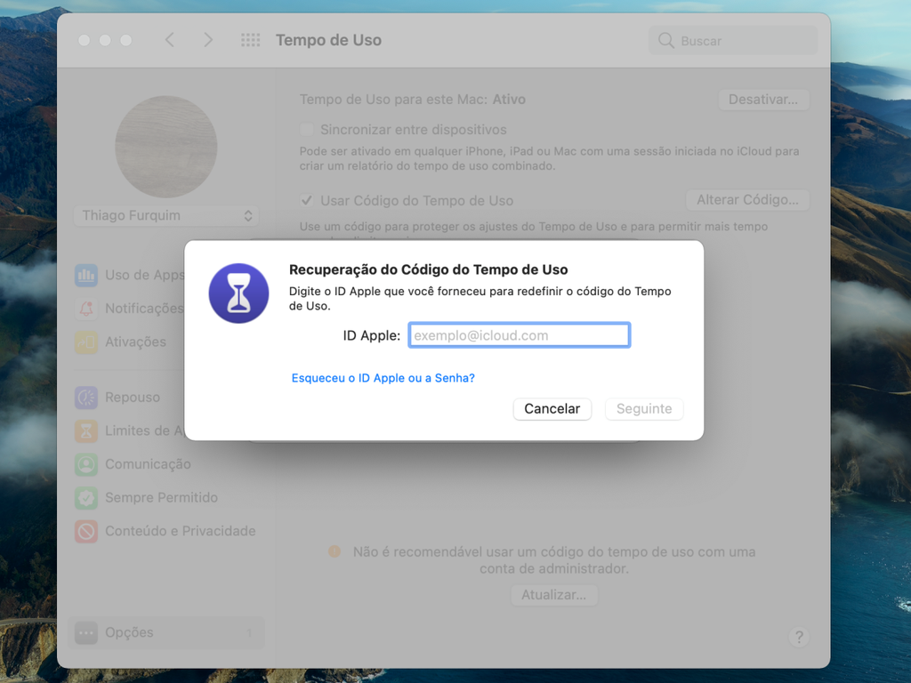 Insira o seu ID Apple na janela de recuperação do código - Captura de tela: Thiago Furquim (Canaltech)