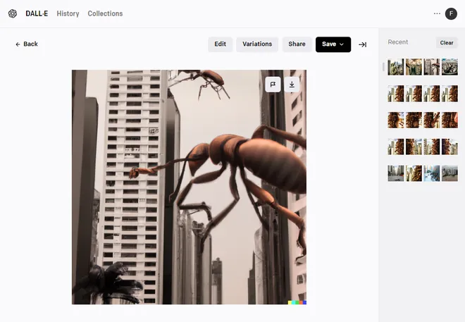Nesta imagem, foi pedido para que a ferramenta criasse São Paulo sendo atacada por formigas gigantes no estilo realista, e este é um dos resultados (Imagem: Reprodução/OpenAI)