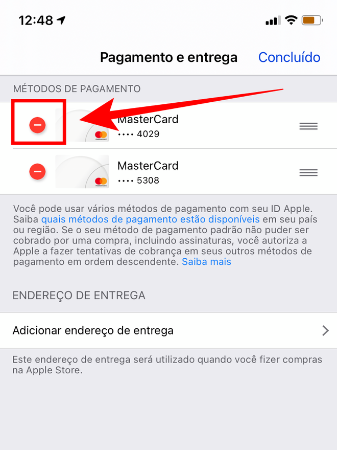 Clique no ícone vermelho ao lado esquerdo do cartão que deseja remover. Captura de tela: Lucas Wetten (Canaltech)
