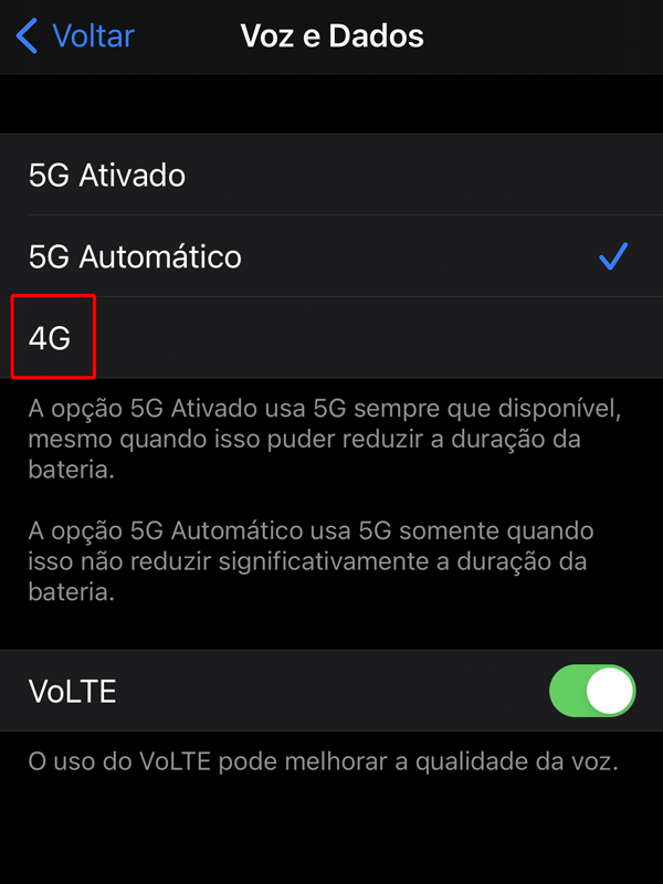 Selecione a opção "4G" para usar apenas essa conexão (Imagem: Canaltech/Captura de tela)
