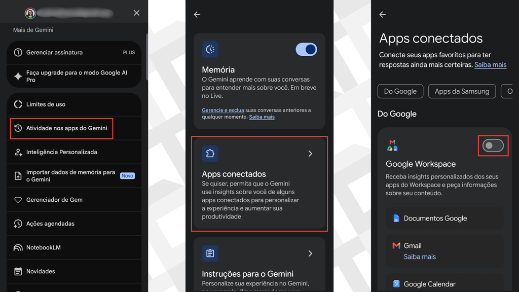 Passos para desconectar apps no Gemini