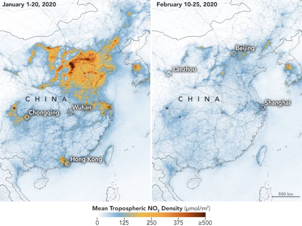 Na esquerda, a poluição na China em fevereiro de 2019, e na direita o nível de poluição em fevereiro deste ano (Imagem: NASA)
