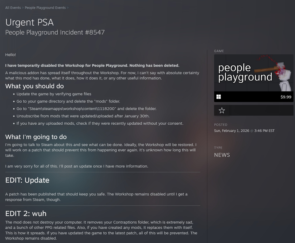 Comunicado dos desenvolvedores do People Playground  explicando o que houve e o que fazer para escapar do malware (Imagem: Steam/Reprodução)