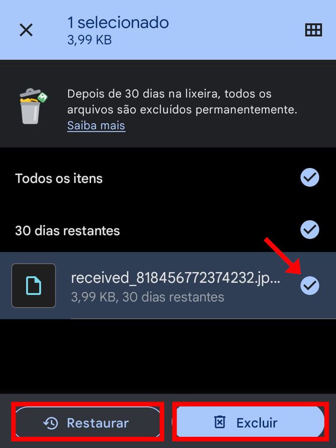 Selecione um ou mais arquivos e toque em "Restaurar" ou "Excluir" (Captura de tela: Matheus Bigogno)