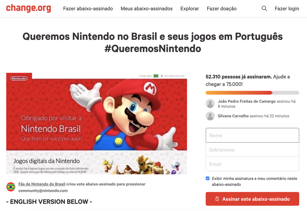 Abaixo-assinado criado pelos fãs brasileiros da Nintendo já tem mais de 50 mil adeptos