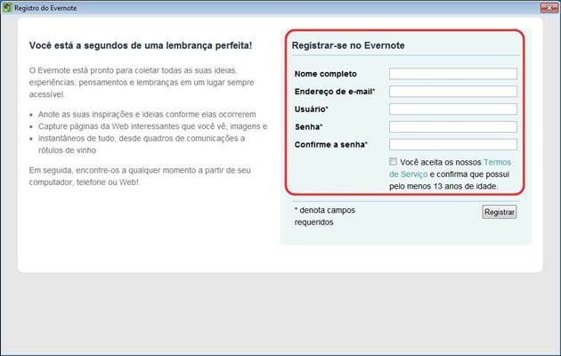 Cadastro de uma nova conta no Evernote Cadastro de uma nova conta no Evernote