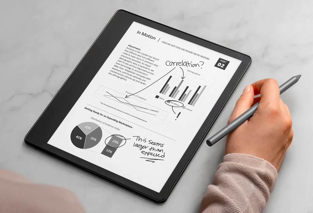 Kindle Scribe tem tela texturizada, suporte a caneta stylus e ajuste de temperatura (Imagem: Divulgação/Amazon)