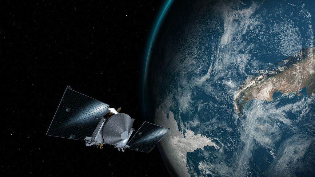 Concepção artítisca da sonda OSIRIS-REx, próxima da Terra (Imagem: Reprodução/NASA/GSFC/UA)