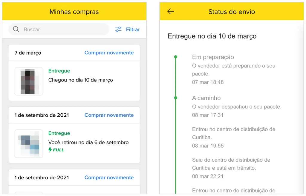 Compras no Mercado Livre com entrega pelos Correios podem ser consultadas no site e app (Captura de tela: Caio Carvalho)