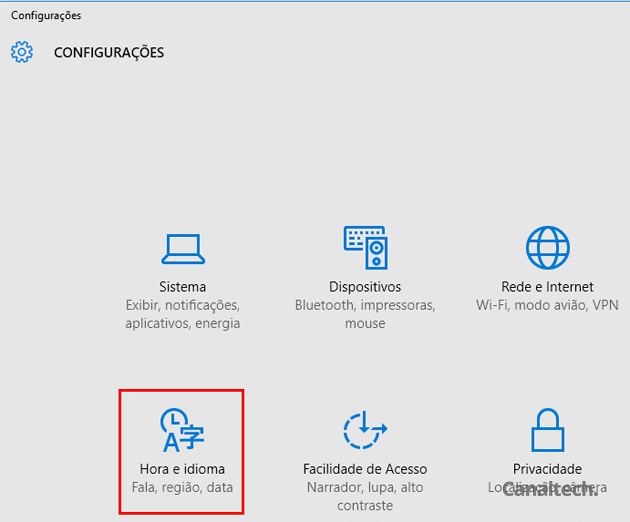 Nesta tela, selecione a opção de Hora e Idioma para ter acesso à região e idioma utilizados pelo seu Windows 10