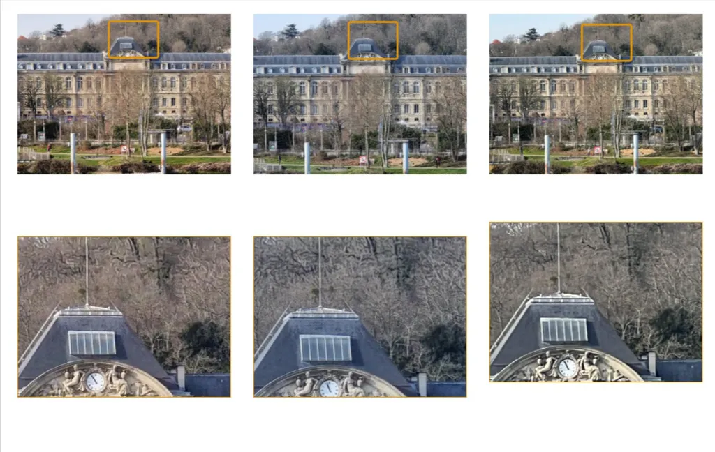 Imagens capturadas com o S22 Ultra (esquerda) e o S21 Ultra (centro) têm muitos detalhes na porção central (Imagem: Reprodução/DXOMARK)