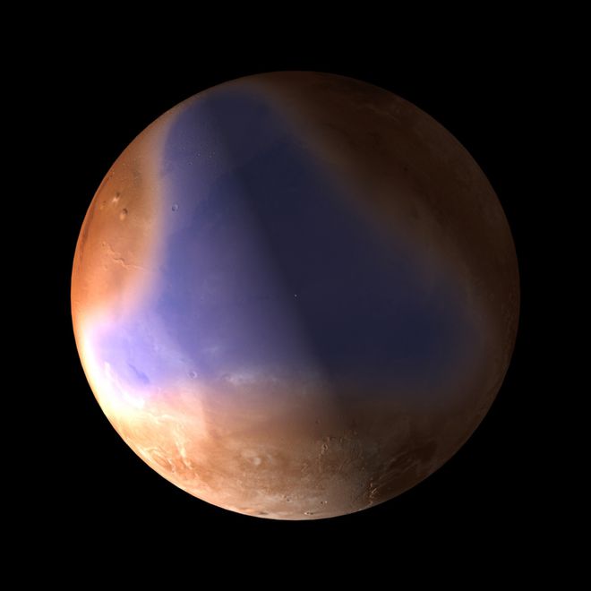 Arte imagina como deveria ser o oceano no hemisfério norte marciano, há algo entre 3 e 4 bilhões de anos (Imagem: ESA)