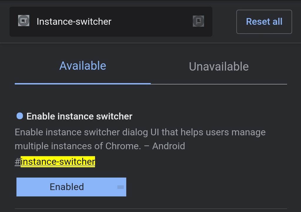 No chrome://flags, o gerenciador de janelas é identificado como #instance-switcher, mas nada faz quando é ativado nas versões mais antigas que o Android 12 (Captura: Igor Almenara/Canaltech)