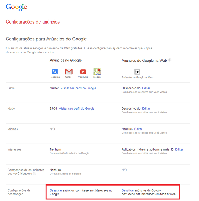 Configurações de anúncios Google Configurações de anúncios Google