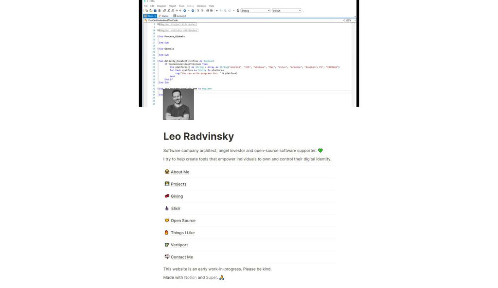 O site oficial de Leo Radvinsky é uma das poucas presenças online oficiais do empreendedor, listando instituições às quais ele já doou, gostos pessoais e projetos de tecnologia (Imagem: Captura de tela/Felipe Demartini/Canaltech)