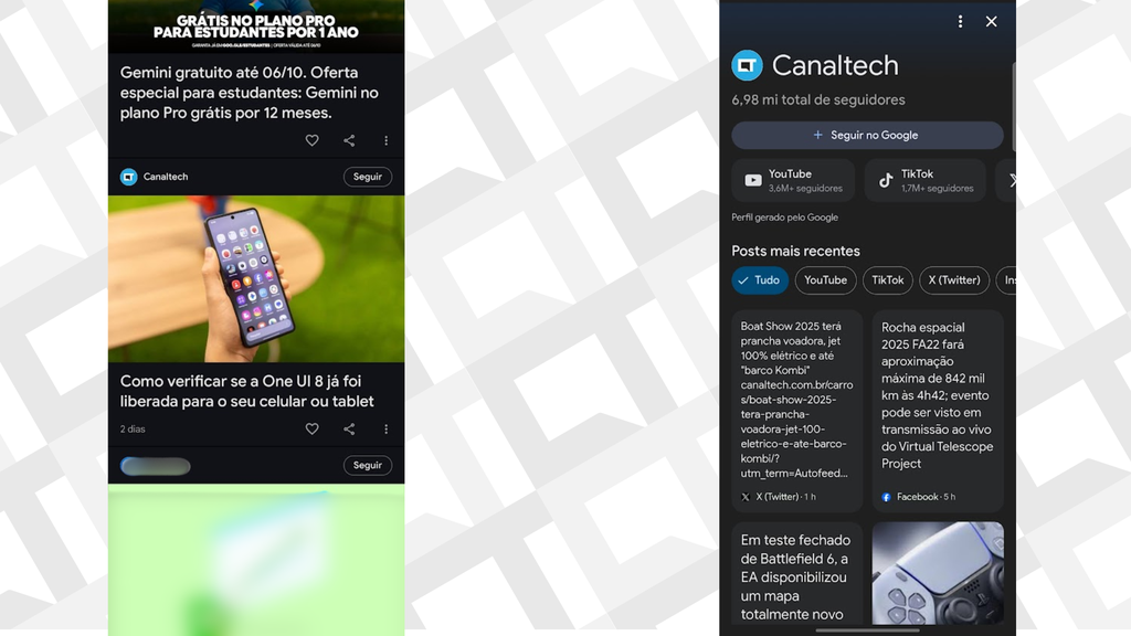 Google Discover ganha opções para seguir publishers para personalizar algoritmo do feed (Imagem: Captura de tela/André Magalhães/Canaltech)