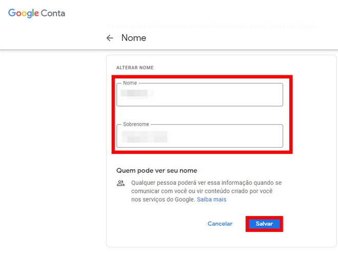 Altere os seus dados da conta do Google e a mudança será feita no Google Meet (Captura de tela: Matheus Bigogno)